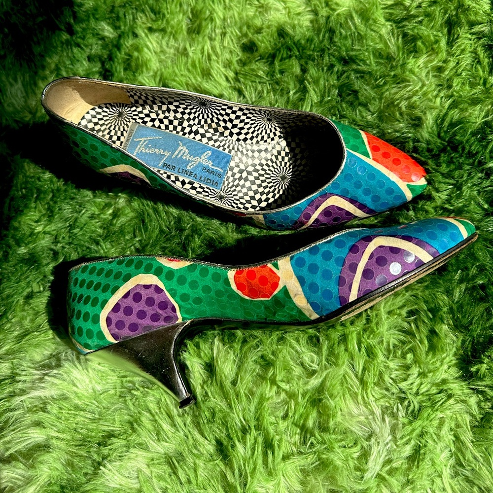 Y2K Thierry Mugler abstract sequin kitten heels